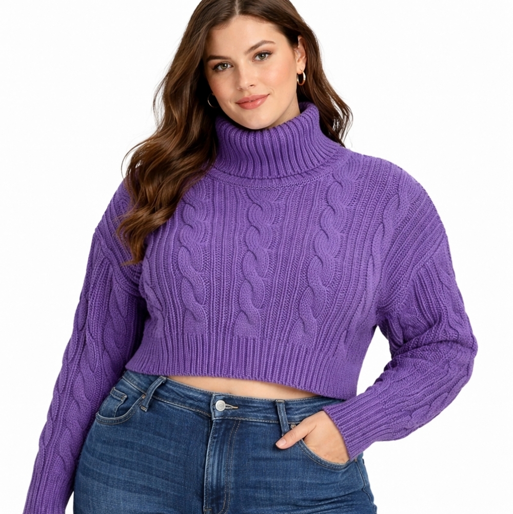 Streetwear Society Purple Cable Knit Cropped Turtleneck Sweater XS